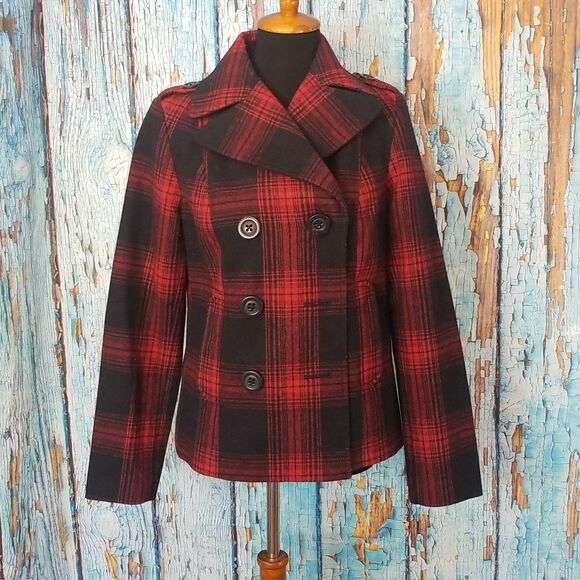 𝅺OLD Navy Wool Pea Coat Red and Navy Plaid - Picture 1 of 12